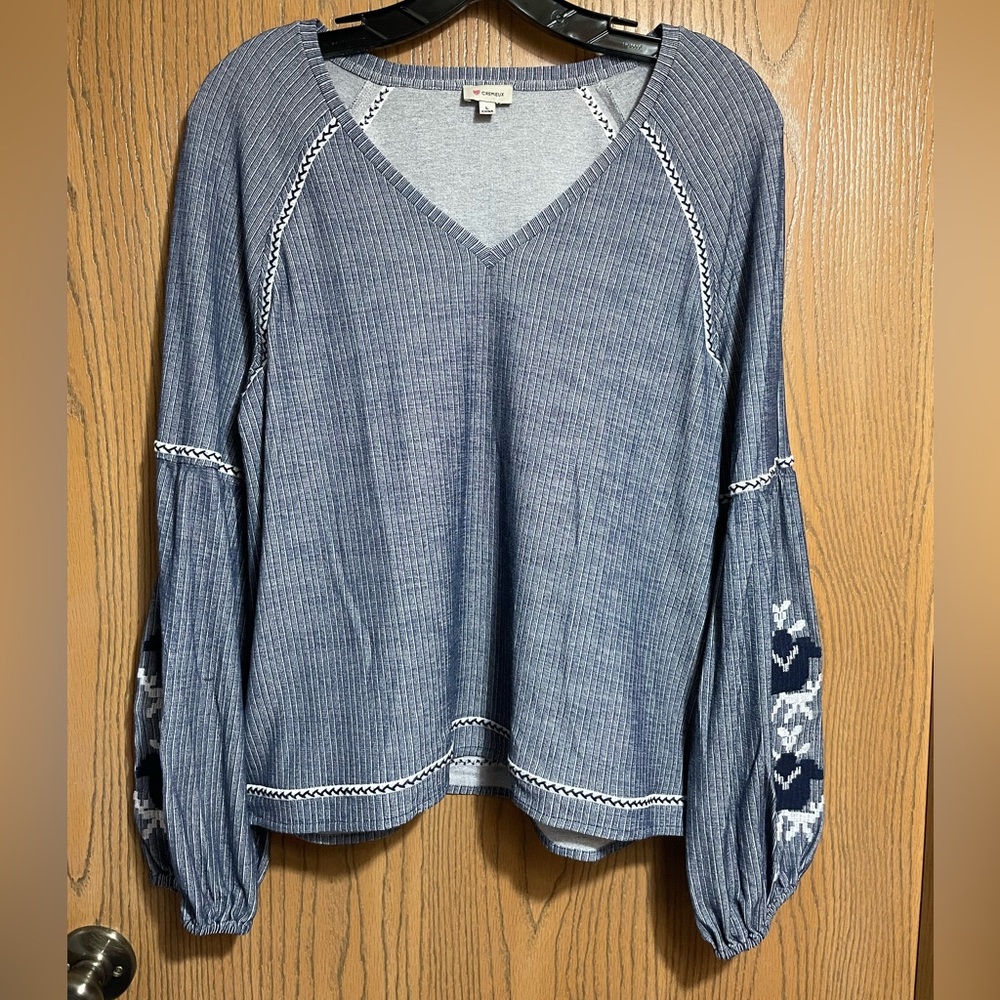 EUC Navy Embroidered Sleeve V-Neck Blouse
